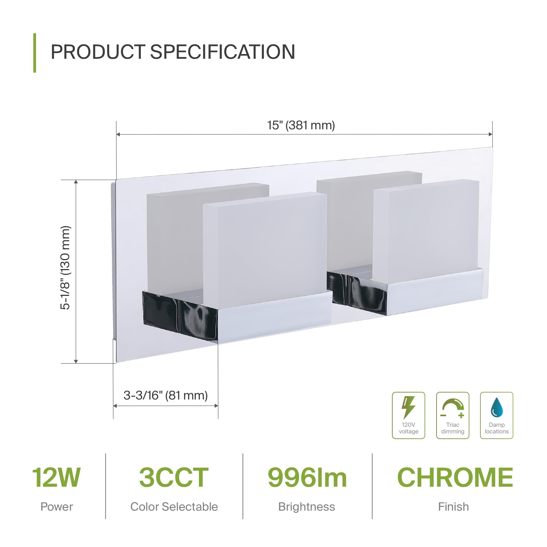 ASD LED Bathroom Vanity Light Fixture, 2-Lights, Dimmable, 12W, 650LM, 3000-5000K, Chrome, Model A-LVF24M