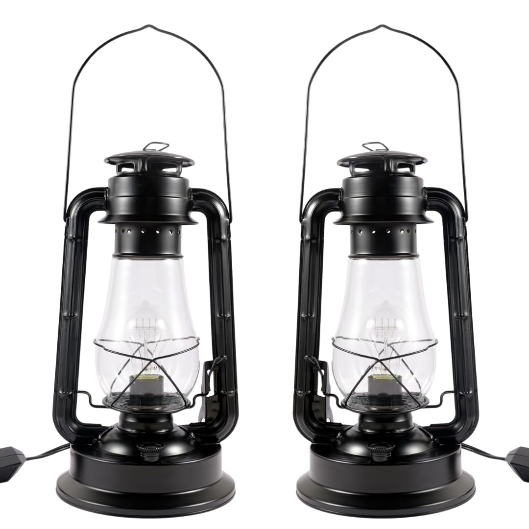 Rustic Farmhouse Lantern Table Lamp: Dimmable, Edison Bulb, Line Cord Dimmer - Large Body, Black Finish - Set Of Two - Ul Usa/Ul