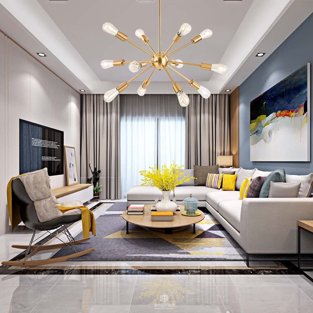 Bonlicht Contemporary 12 Light Brushed Brass Sputnik Chandelier Mid Century Modern Sputnik Kitchen Island Dining Room Pendant Li
