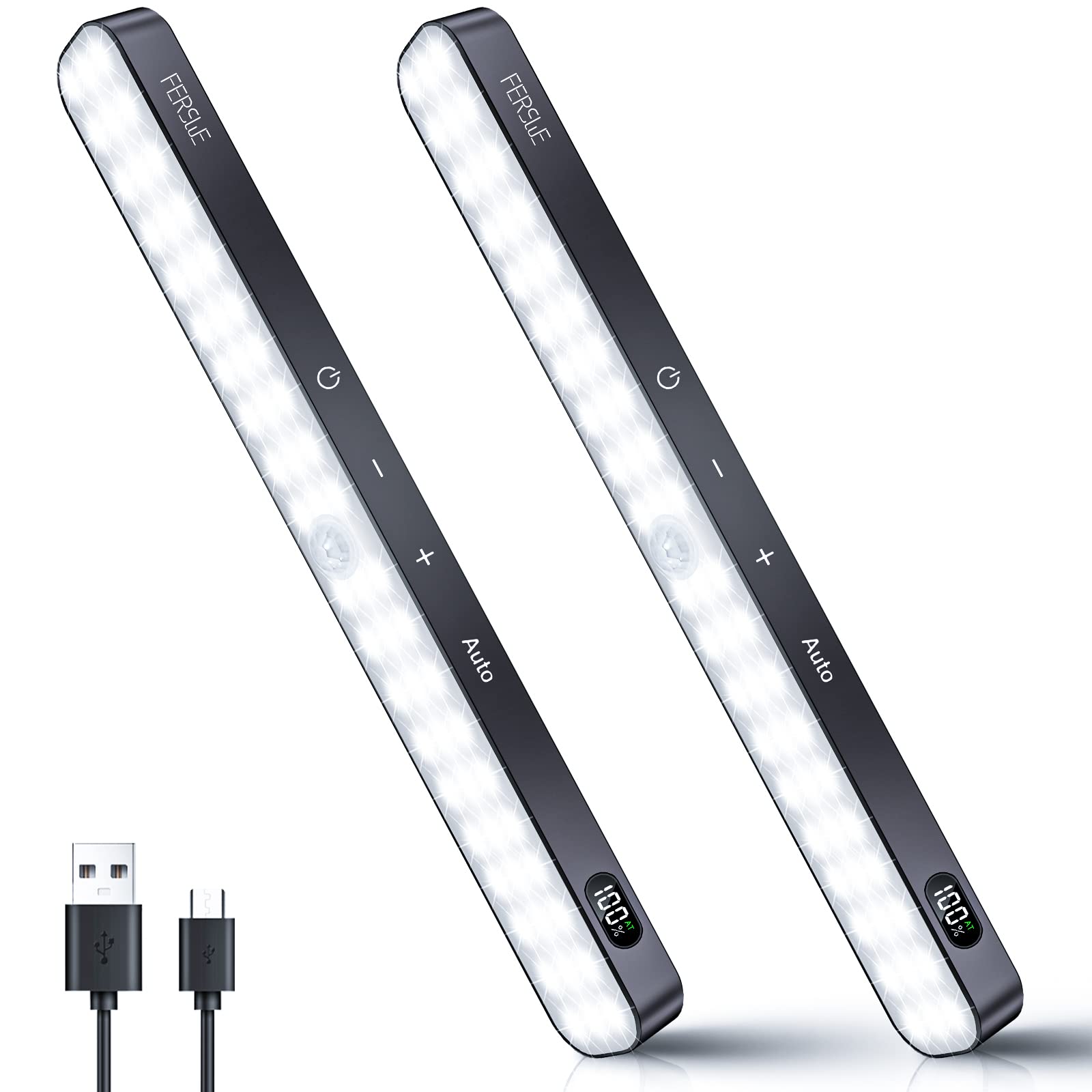 Ferswe Under Cabinet Lights 60 LED Motion Sensor Dimmable Touch Control 2 Pack Cool White 6000K Model F-MS1