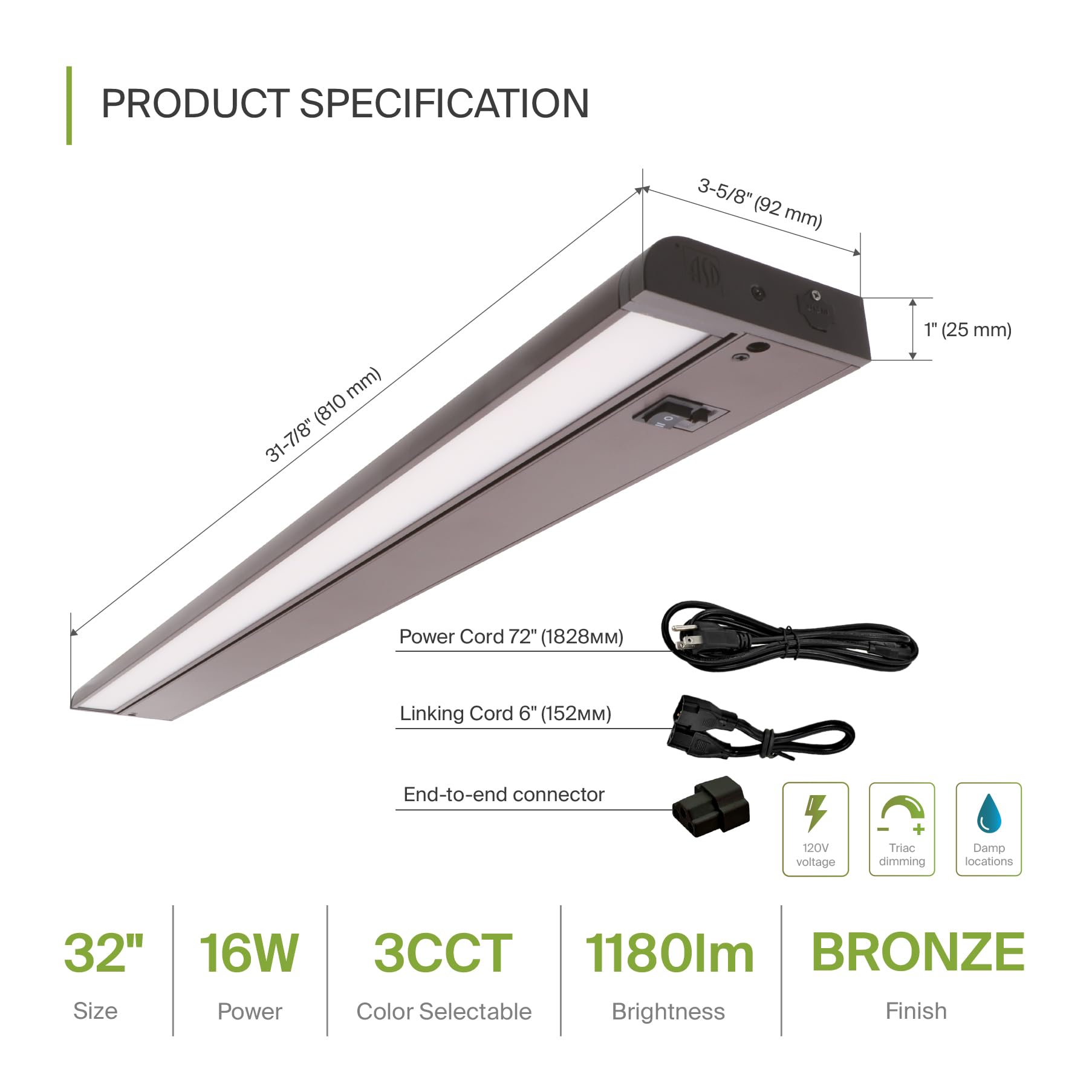 Asd Swivel Led Under Cabinet Lighting Bronze, 32 Inch 16W, Hardwired Or Plug-In, 2700K/3000K/4000K, Hi/Low Switch, Rotatable Len