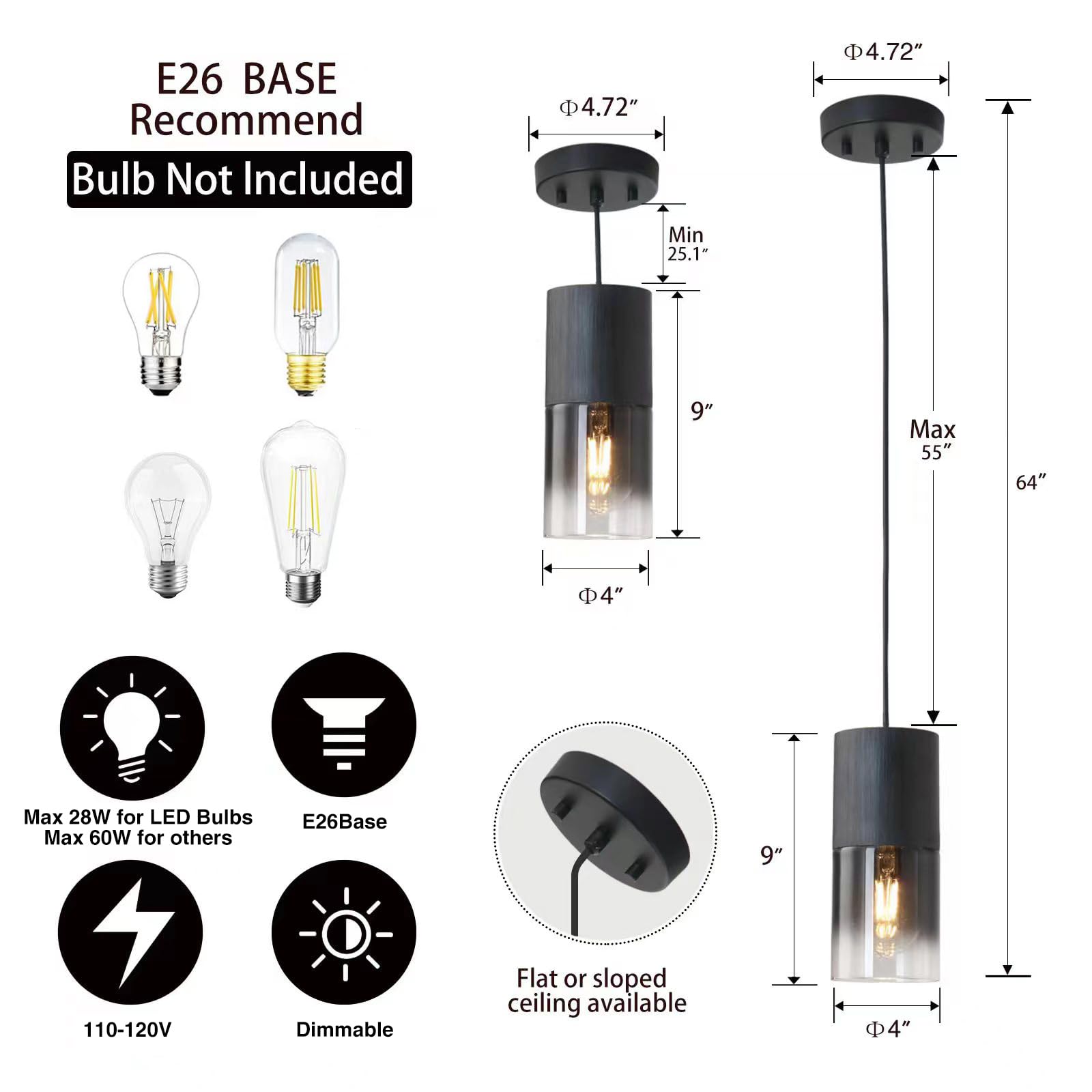 LINSEEDS Black Pendant Light Fixtures, 3-Pack Adjustable Glass Lights for Kitchen Island, Model RD-5510-BK-3P