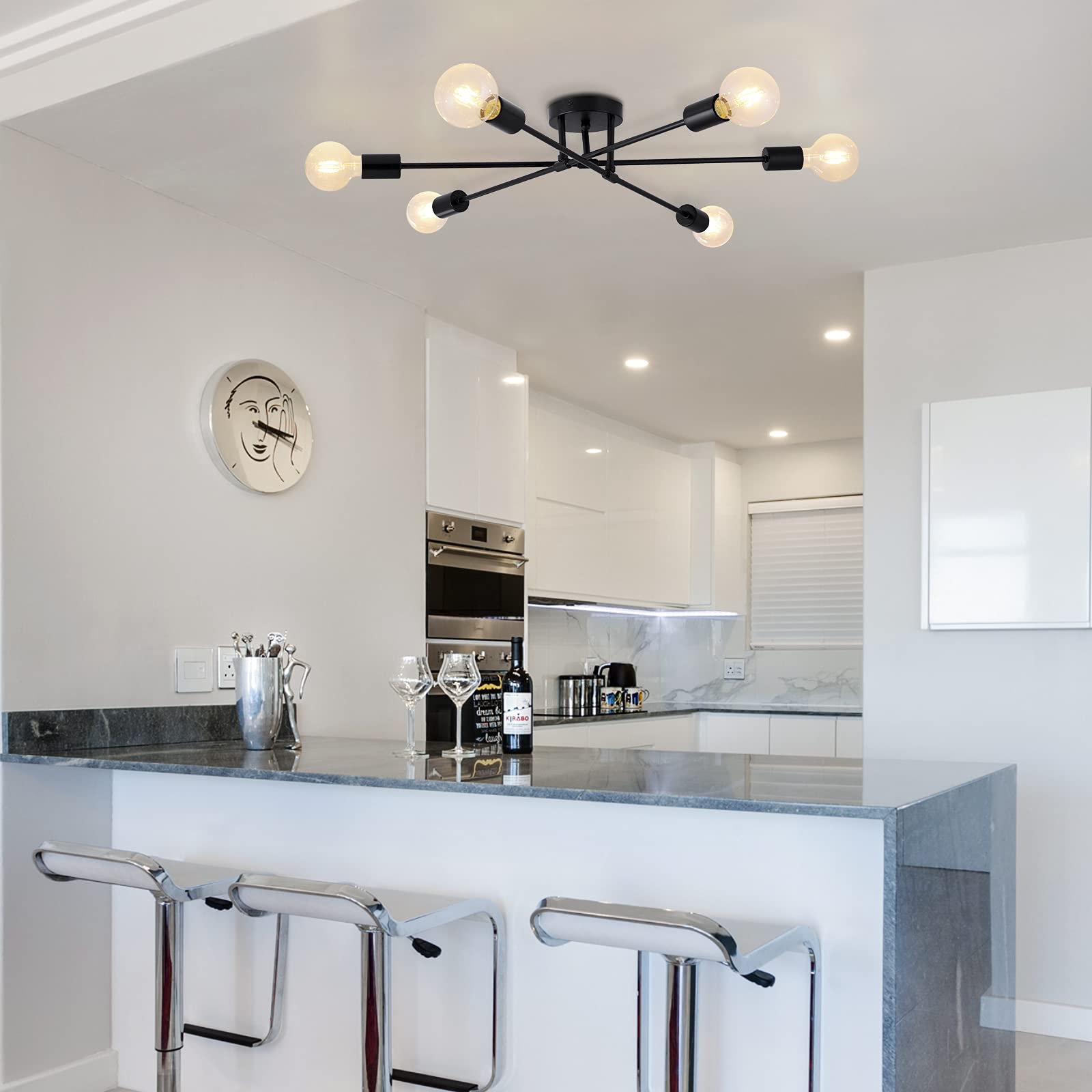 BrkNit 6-Light Sputnik Chandelier, Black Iron Semi Flush Mount, Model J0035, Vintage Farmhouse Lighting for Dining Room, Bedroom, Living Room