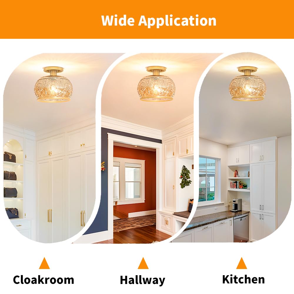 Oiyio Brushed Brass Semi Flush Mount Ceiling Light With Amber Globe Glass Shade  Modern Hallway Lighting Fixtures  Vintage Ceiling Light For Kitchen  Bedroom  Closet  Entryway  Porch