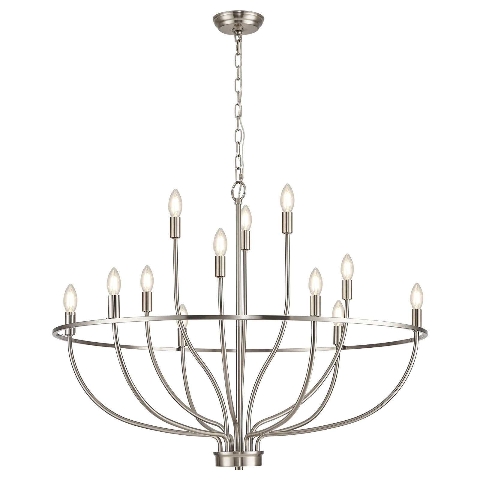 Fookchak Brushed Nickel Chandelier, 6-Light Dining Room Chandelier Chrome Light Fixture Metal Candle Kitchen Chandeliers 28Inch Round Chandeliers With Long Chain For Bedroom Living Room