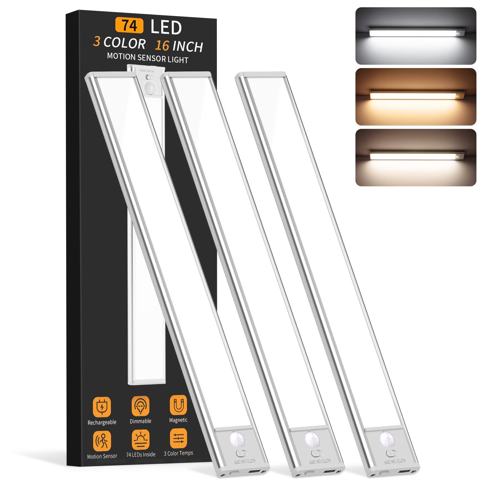 Under Cabinet Lighting Wireless, 74 Led Motion Sensor Light Indoor, 3 Color Dimmable Closet Lights Battery Operated, Rechargeabl