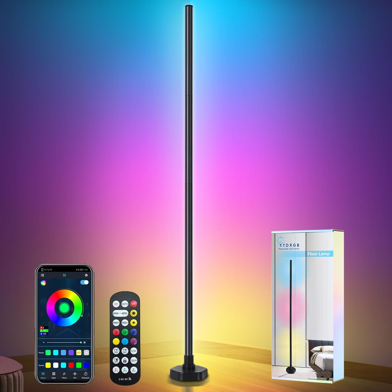 YTDRGB LED Floor Lamp RGBW, Corner Floor Lamp, Corner Lamp with APP, IF Remote Control, Music Sync, Timer and 16 Million DIY Col