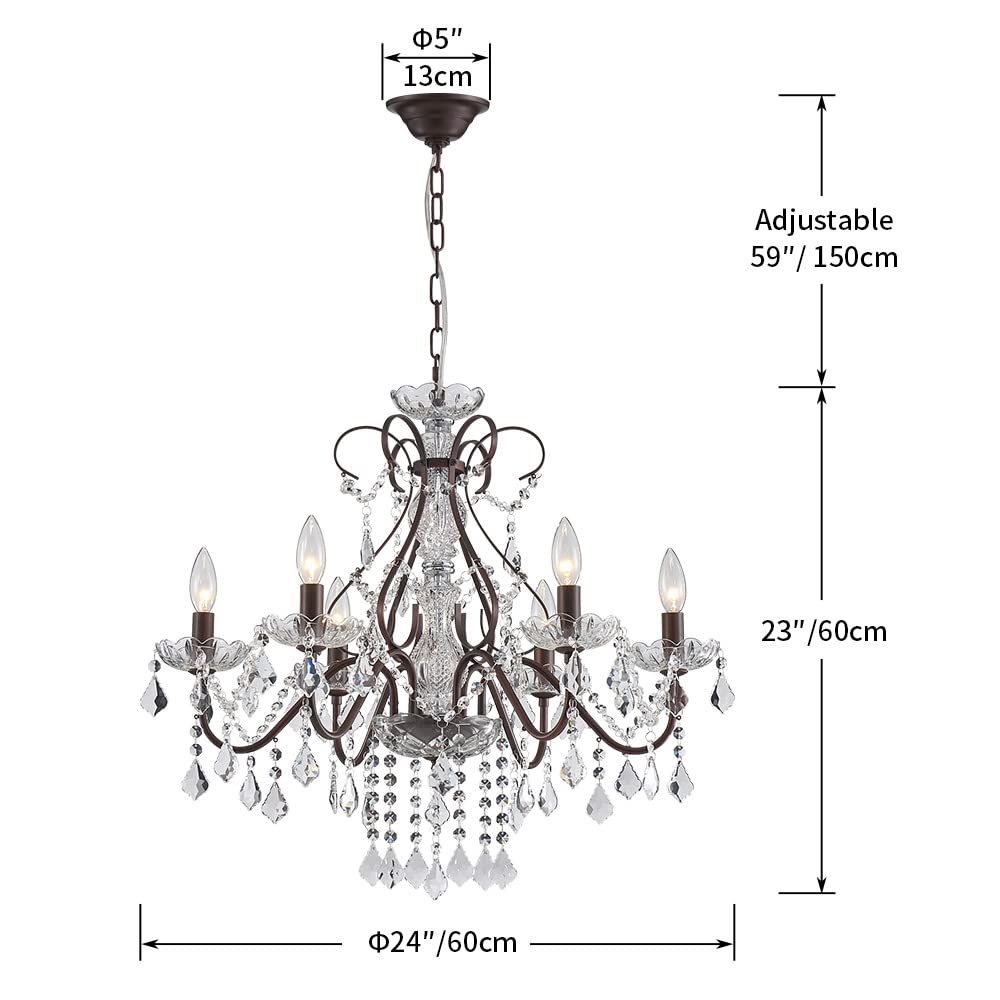 SM Saint Mossi 6-Light Crystal Chandelier, Modern Raindrop Design, Dark Brown, H23 x D24, Crystal Lighting for Dining Room, Bedroom, Living Room