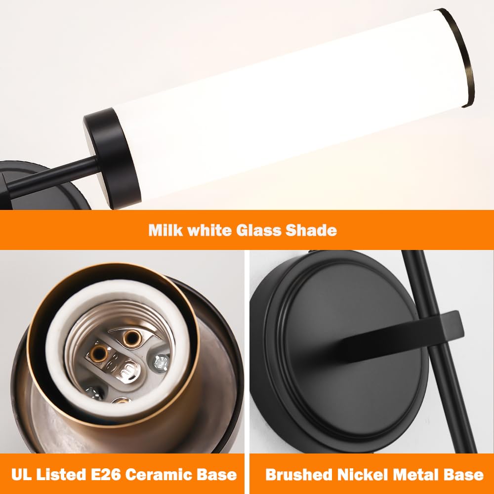 DSMJFU Matte Black Wall Sconces Set of 2, Hardwired Modern Lighting with Opal White Glass, 15.94in for Bathroom, Living Room, Hallway