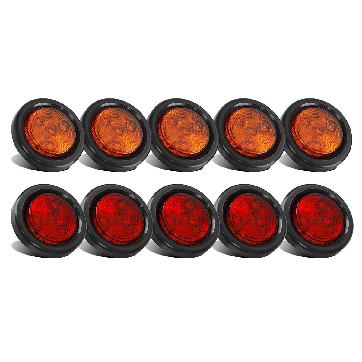 Partsam 10Pack(5 Amber + 5 Red) 2'' 4Led Round Trailer Side Marker Light Grommet Flush Mount, [Dot Approved] Sealed 2 Inch Clear