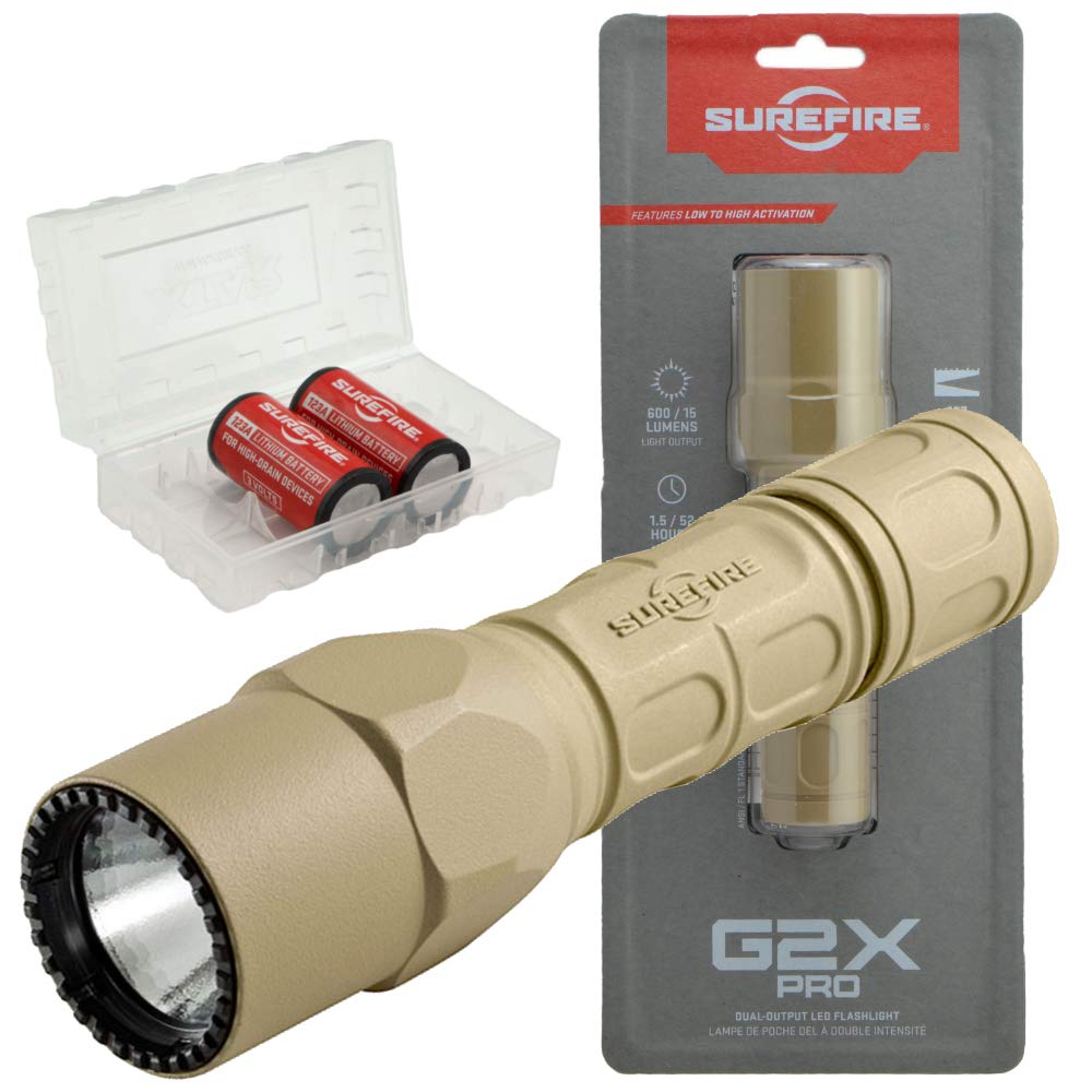 SureFire G2X Pro 600 Lumen Tactical EDC Flashlight Bundle with 2 Extra CR123A Batteries and Lightjunction Battery Case (Tan)