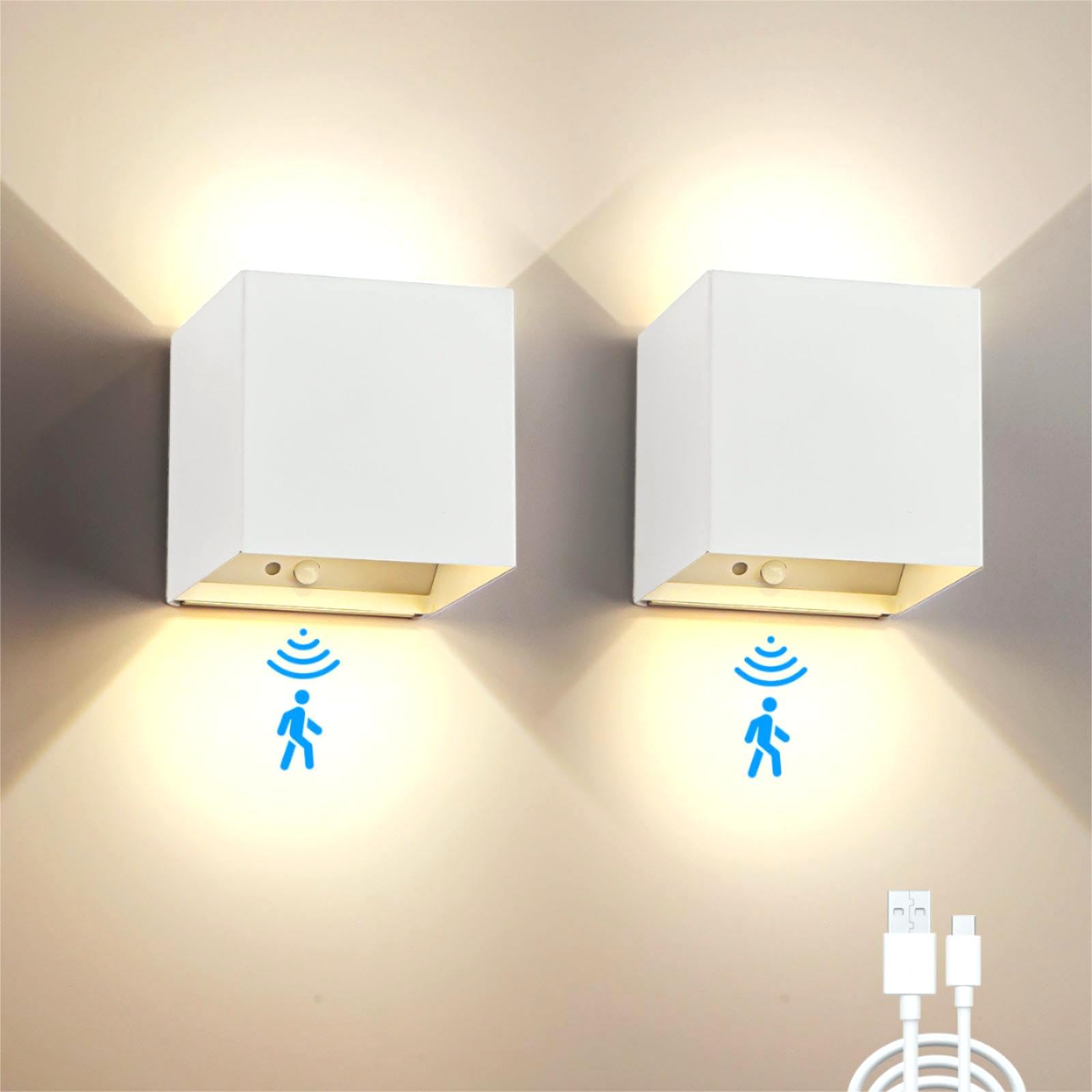 SURPALIG 2 Pack Motion Sensor Wall Sconces, 12W 6000mAh Rechargeable Indoor LED Wall Lights, 3-Color Adjustable Magnetic No Dril