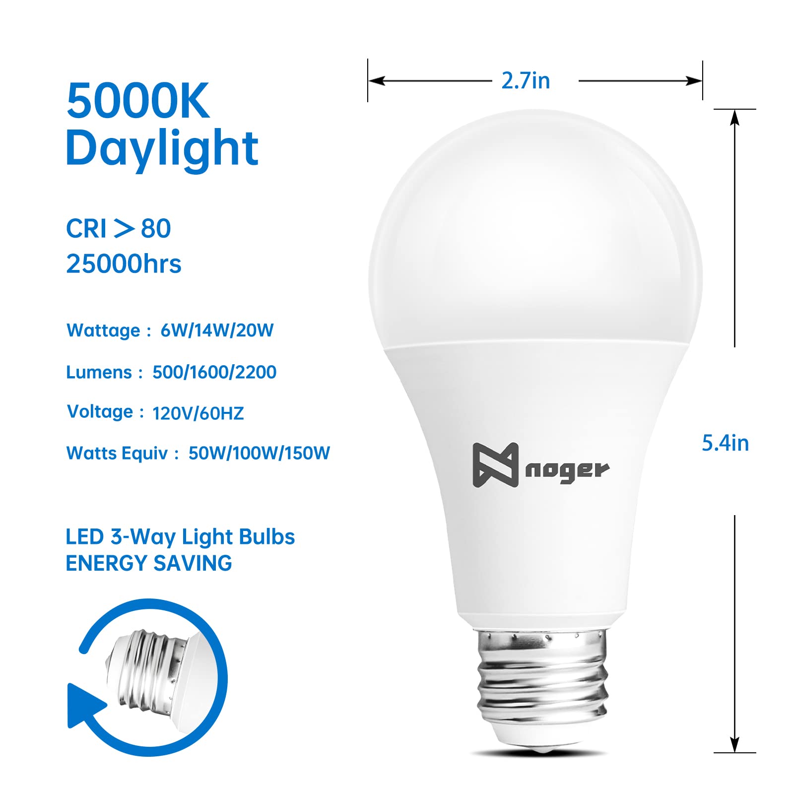 Noger 3-Way LED A21 Light Bulbs, 50-100-150W Equivalent, 5000K Daylight, E26, 2 Pack, Plastic-Aluminum