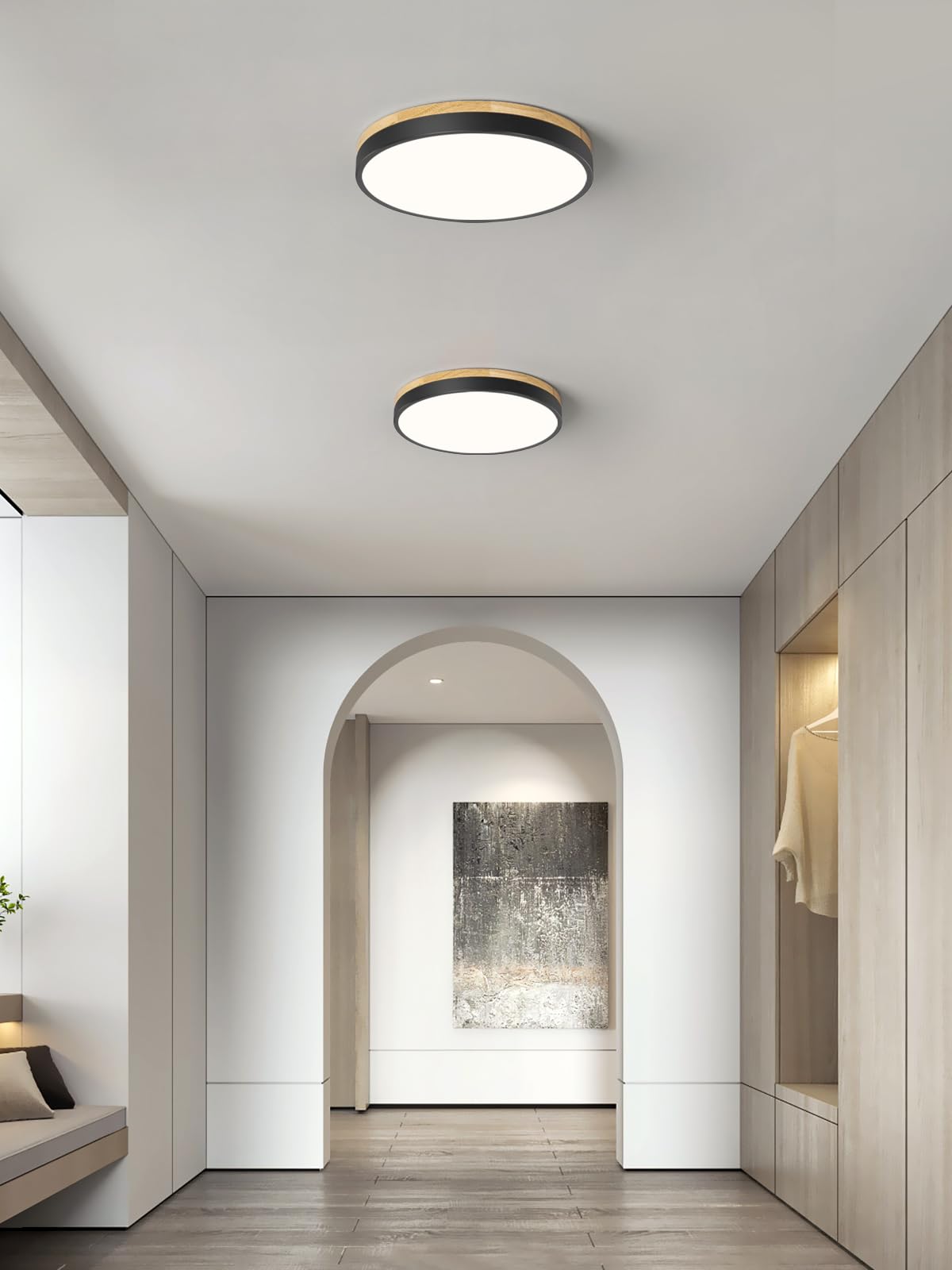 Vikaey Modern Wood Led Ceiling Light Fixture, Minimalist Black Flush Mount Ceiling Lamps, Round Ceiling Lighting Fixtures For Be