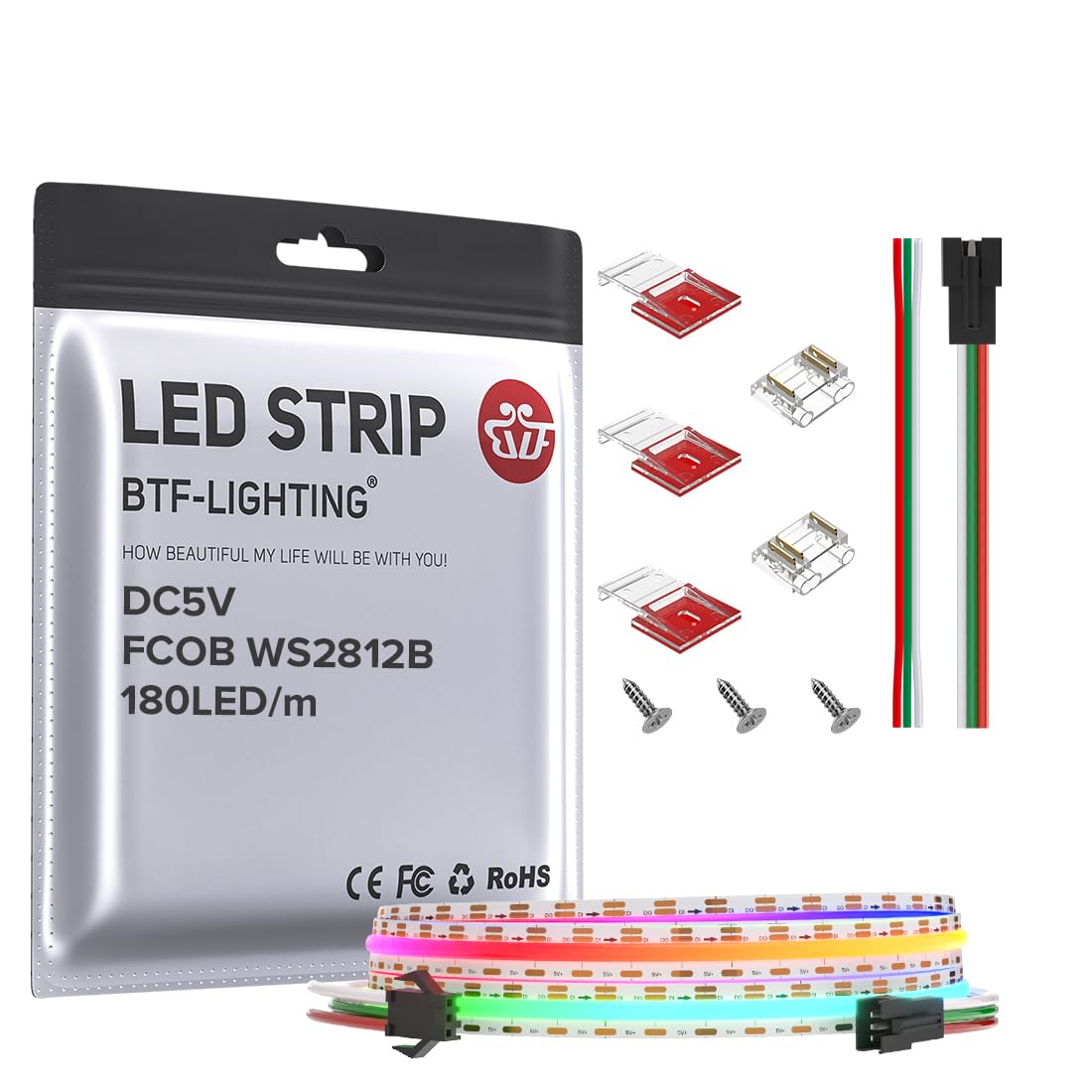 BTF-LIGHTING FCOB COB WS2811(WS2812B) IC RGB 180LED/m 180IC LED Strip DC5V 3.2FT Individual Addressable Flexible High Density Un