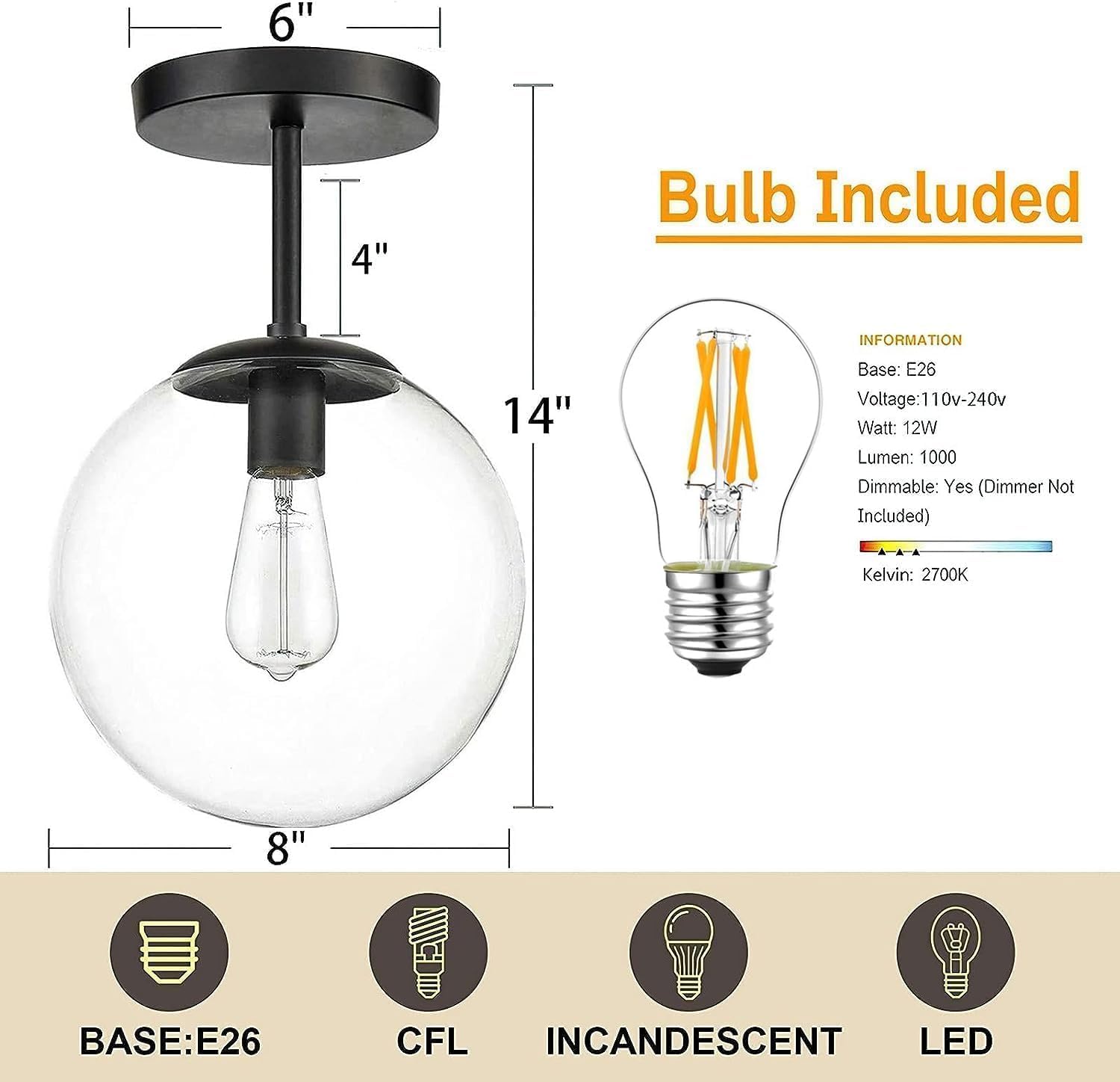 Globe Semi Flush Mount Ceiling Light, Clear Glass With Matte Black Finish, Mid Century Modern Light Fixture Ceiling, Hallway Liv