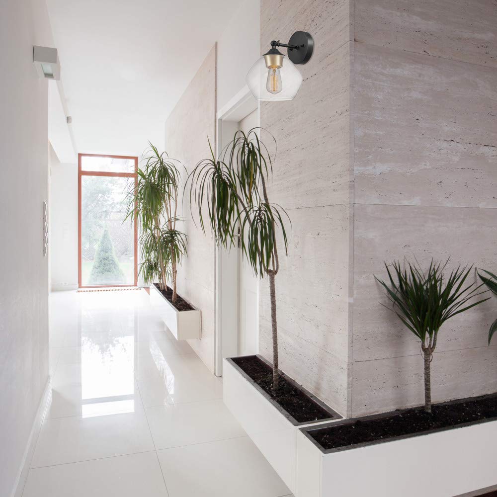 Globe Electric 1-Light Wall Sconce, Matte Black, Gold Accent, Clear Glass Shade, 10.6in, Model 51367