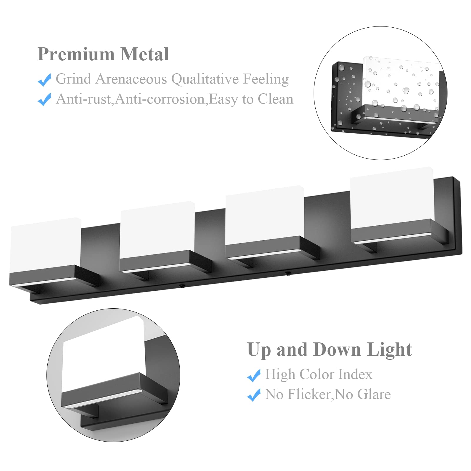 Tipace Dimmable LED Vanity Light, 4 Lights, Matte Black, Modern Bathroom Wall Fixture, Model 1103, Up and Down Design, 6000K White Light