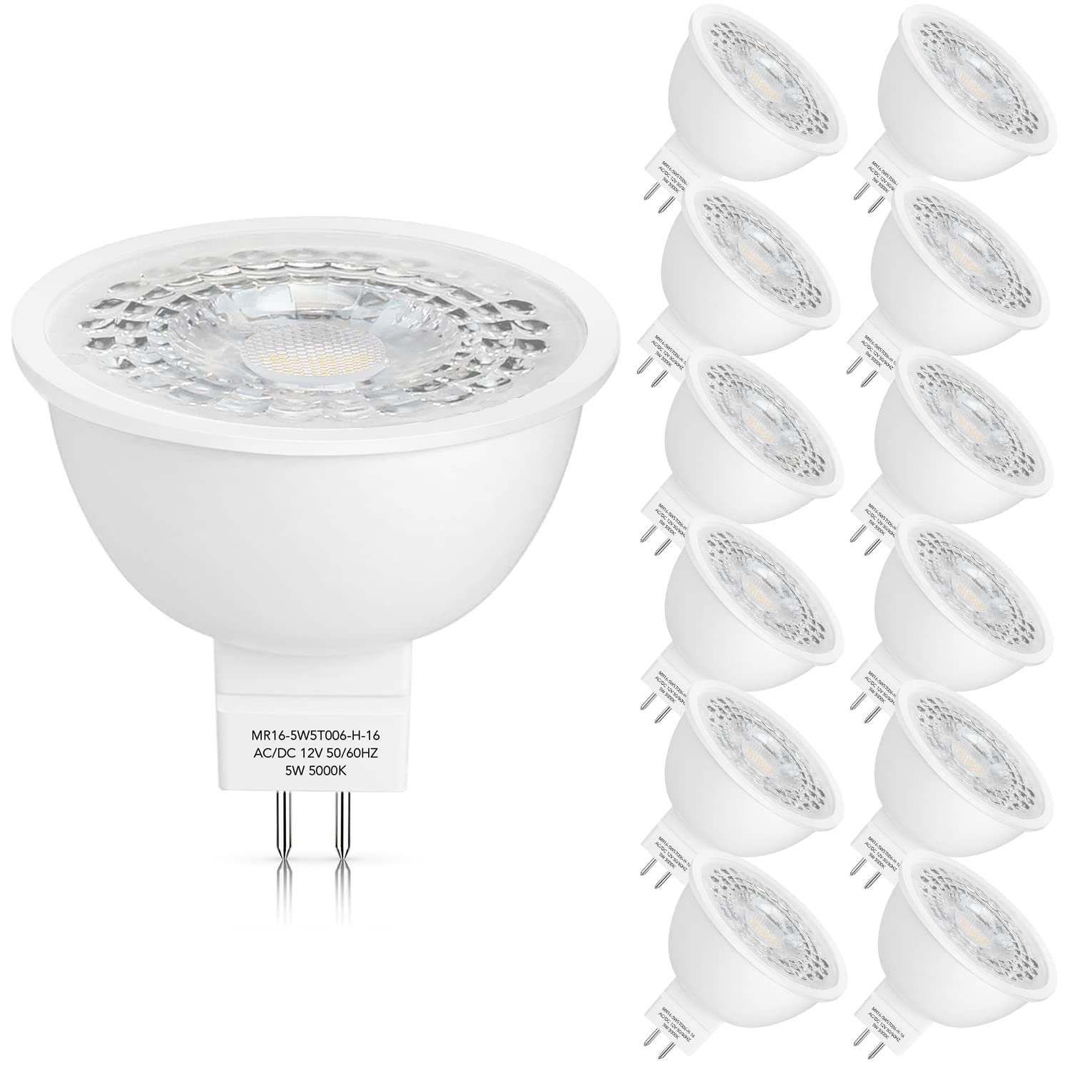 Mlambert 12 Pack Mr16 Led Bulbs 50W Halogen Equivalent,5000K Daylight White,5W Gu5.3 Mr16 12V Spotlight Bulb,Non-Dimmable,45 Bea