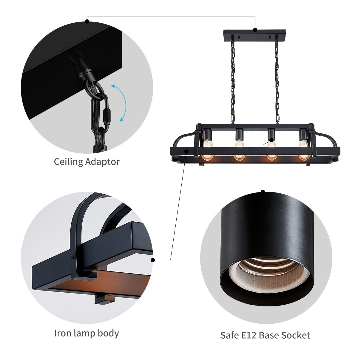 WUZUPS 4-Light Metal Chandelier Pendant Light, Rustic Black, H 9.8" x L 34.6" - Ideal for Kitchen Island & Dining Room, Model 6179