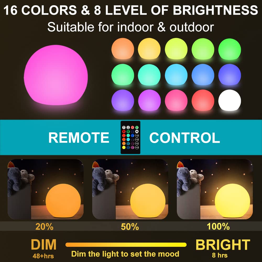 6-In Cordless Led Globe Orb Light For Kids, Rgb Color Changing Orb Night Light Mood Lamp W/Remote, Rechargeable Led Ball Night L