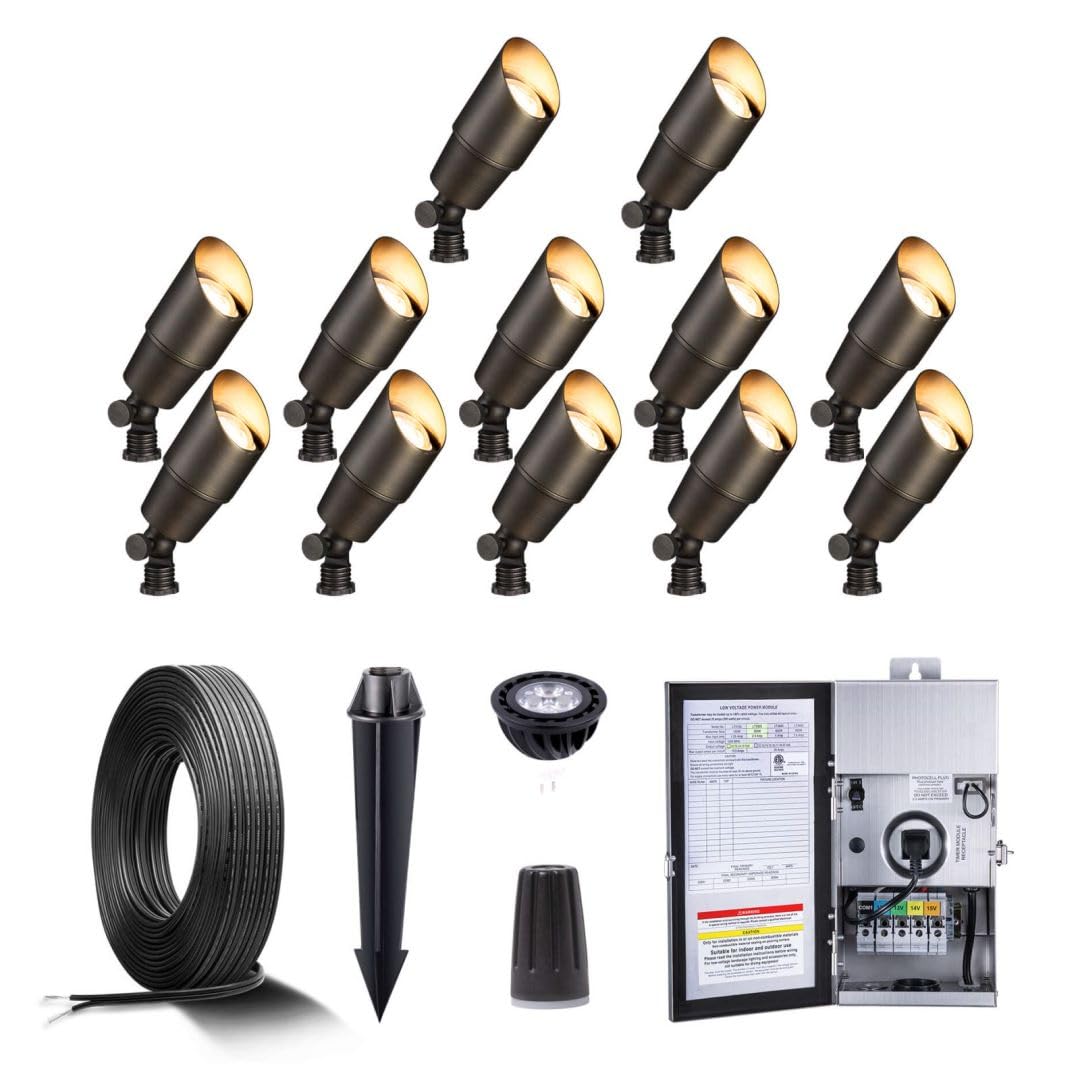 Gardenreet Solid Brass 12V Led Landscape Lighting Kit (12-Pack Spotlights) With 300W Low Voltage Transformer And Mechanical Timer And 250Ft Wire And 50Pack Connectors For Outdoor Garden Patio
