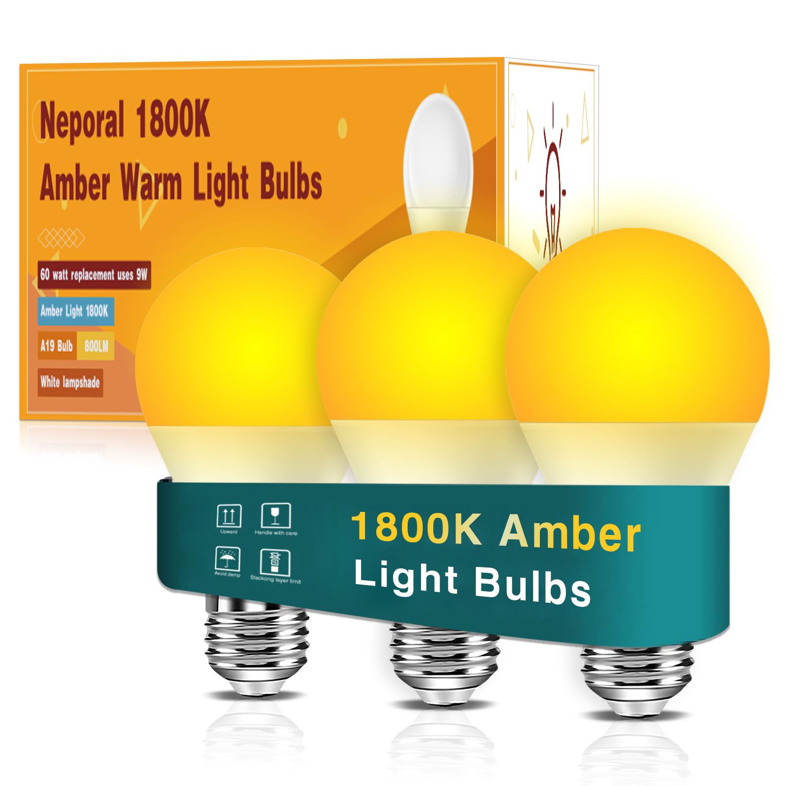 Neporal Amber Light Bulbs 9W, Soft Warm Sleep Light Bulbs 60W Equivalent, Blue Light Blocking Amber Night Light Bulbs 1800K, Bedtime Light Bulb for Healthy Sleep,1Pack