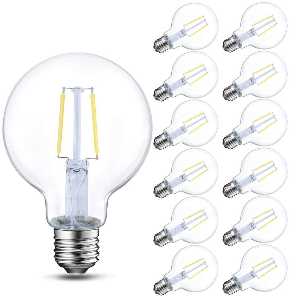 Energetic 12-Pack Led Globe G25 Dimmable Edison Light Bulb, 40 Watt Equivalent, 5000K,350Lm, E26 Medium Screw Base, Christmas Li