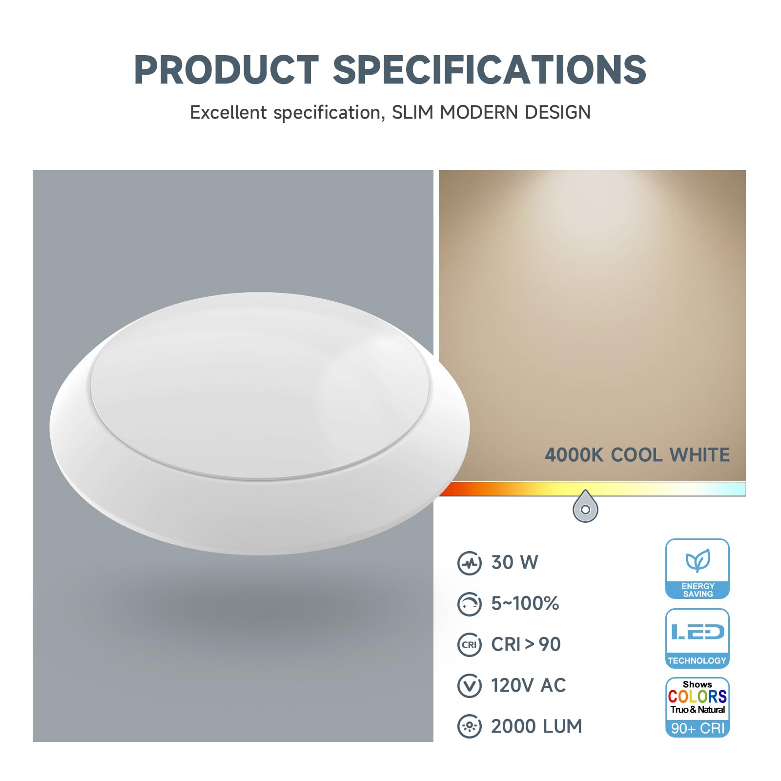 ECOELER LED Flush Mount Ceiling Light, 30W, 2000 Lumens, 4000K Cool White, Aluminum, Model CDR830A