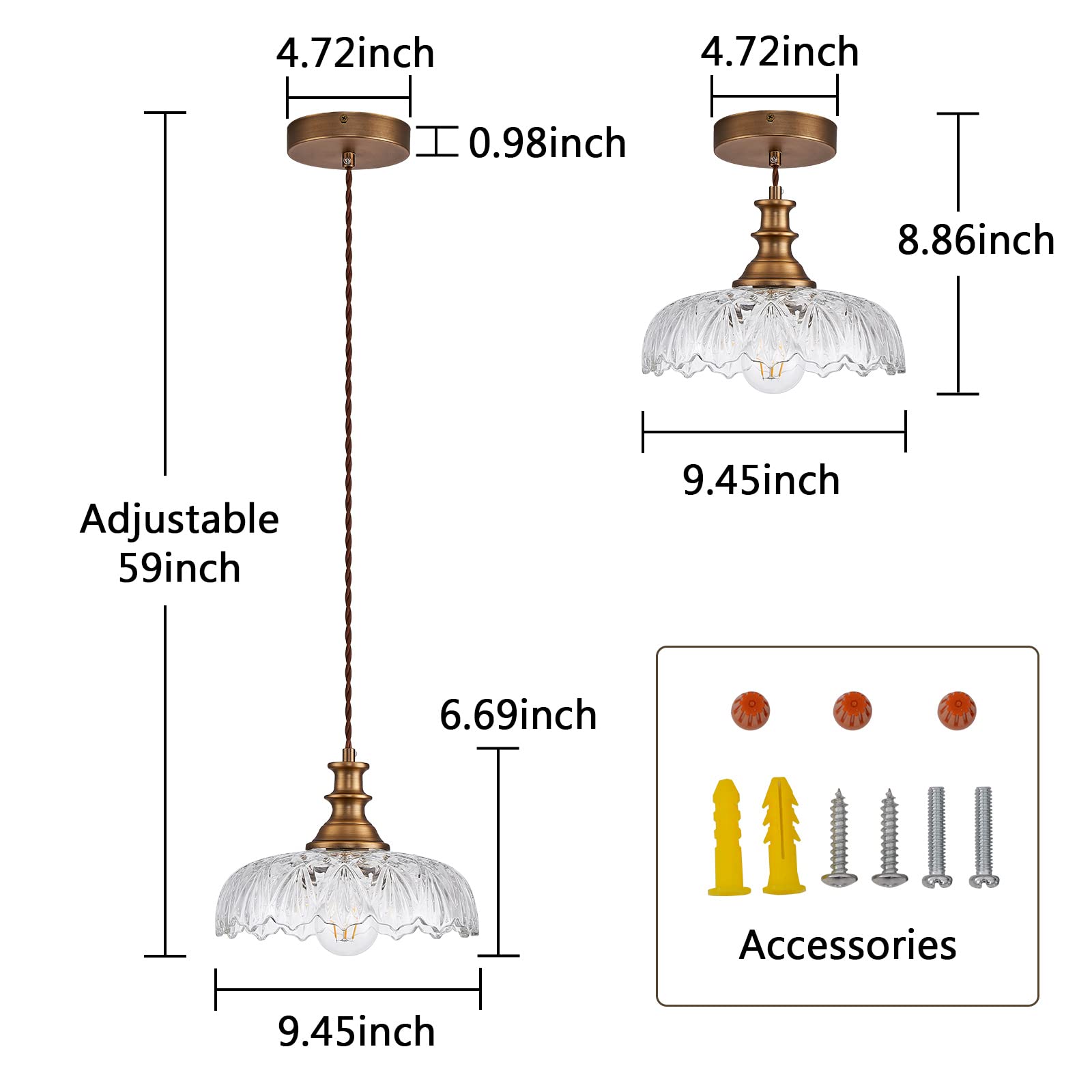 HDDFL Vintage Pendant Lights Fixture, 3-Pack, Matte Brass, Metal, 9.45in, Model MJ-H086-3 for Kitchen, Bedroom, Living Room, Hallway