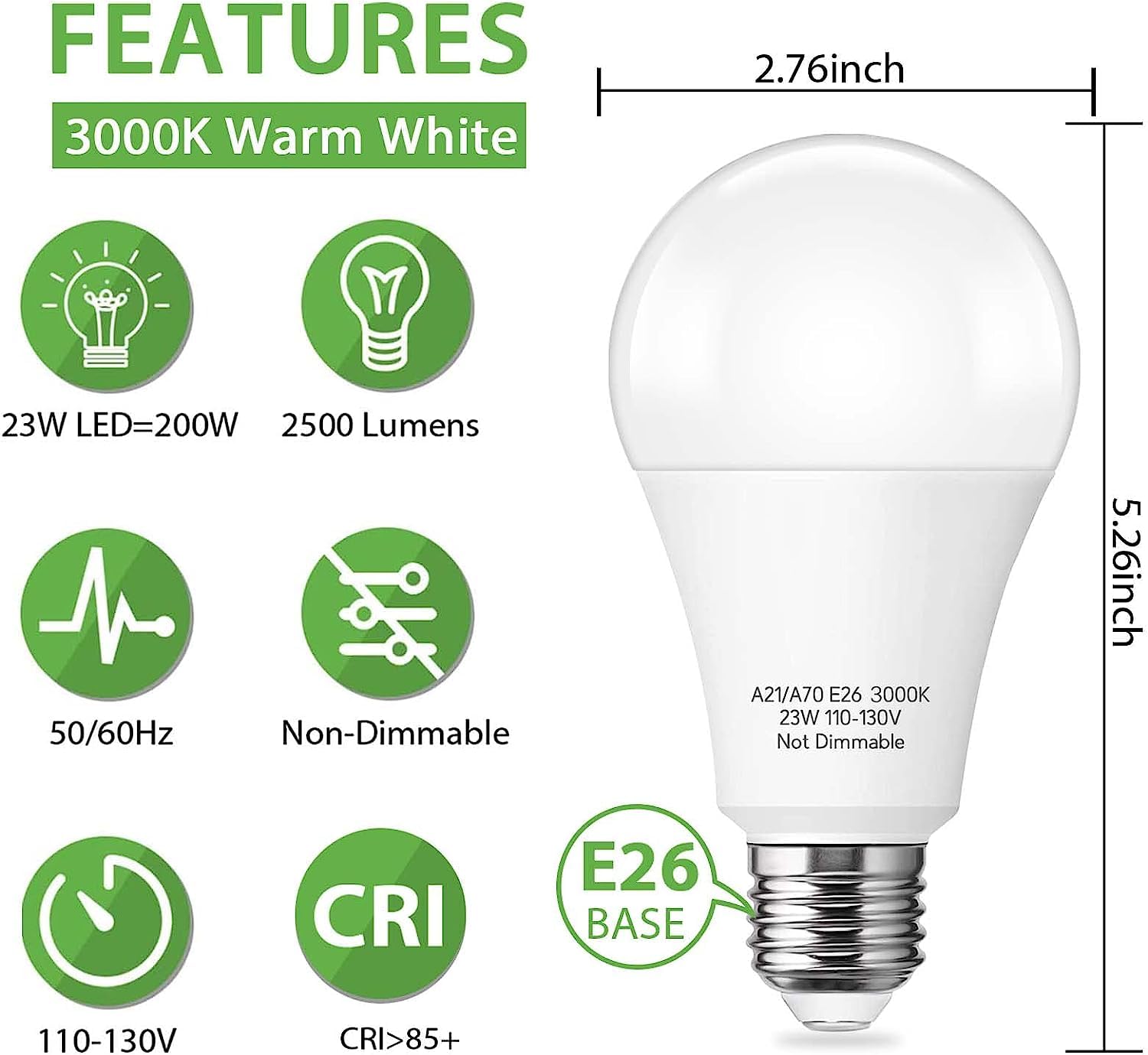 Prosperbiz A21 LED Light Bulbs, 23W, 2500 Lumen, Warm White, E26 Medium Base, Non-Dimmable, 12 Pack