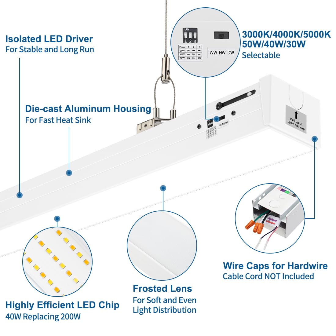 Dakason 4Ft Linkable Led Linear Light  50W/40W/30W  3/4/5000K Cct Selectable  Commercial Linear Lighting Fixture For Office  Workshop  Dimmable Suspended/Flush Mount Ceiling Light  White 4 Pack