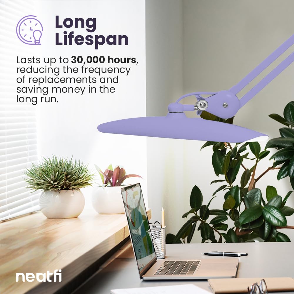 Neatfi LED Task Lamp, 2200 Lumens, 24W, Dimmable, 20in Wide, Lavender, Model 9501LED, Acrylic Material