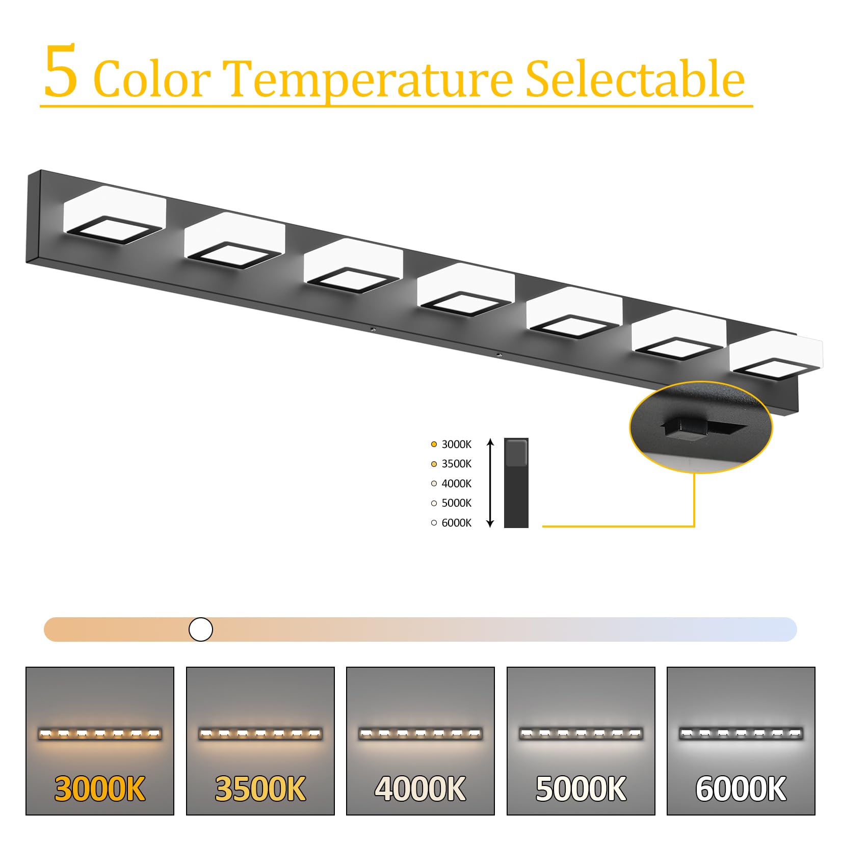 Ralbay 46" Matte Black LED Vanity Lights, 7 Dimmable Colors, Modern Acrylic Bathroom Fixture