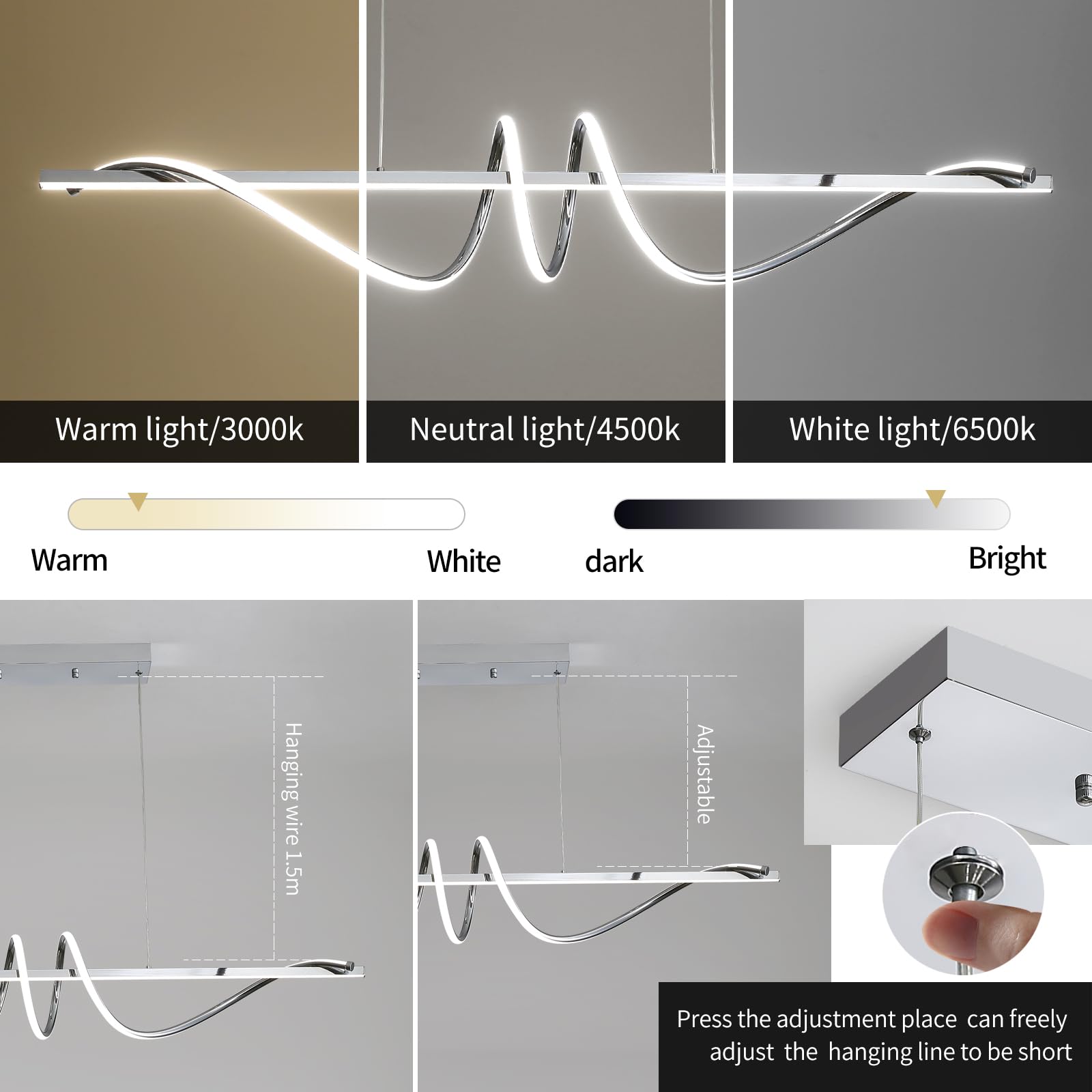 Matven Modern Ceiling Chandelier Light, Dimmable Acrylic Pendant Lamp, 47IN, Silver, Remote Control, 3 Color Modes
