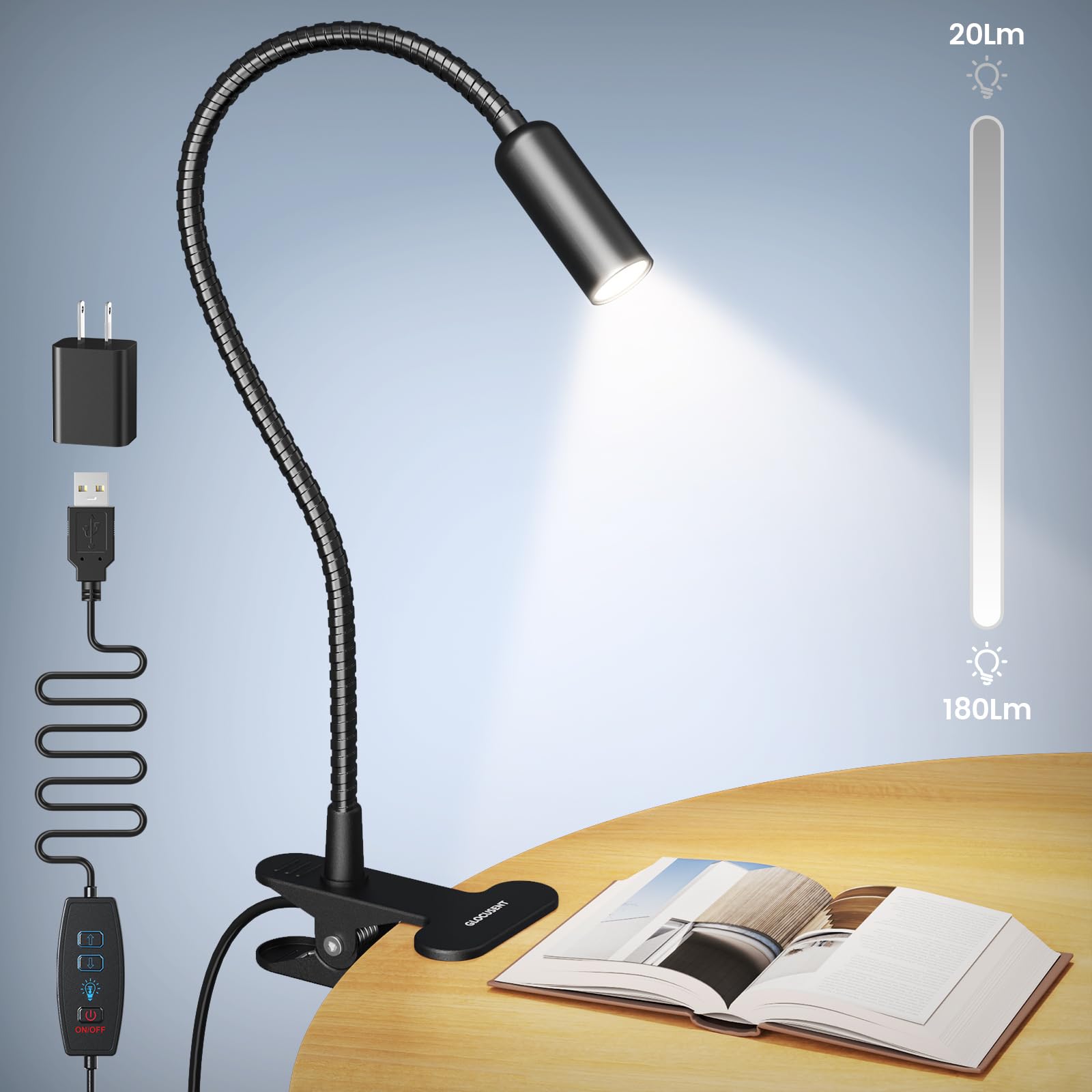 Glocusent Clip on Lamp, Eye Caring Reading Lamp, 10 Brightness Levels from 20 to 180 LM Clip on Light, USB Light with Flexible G