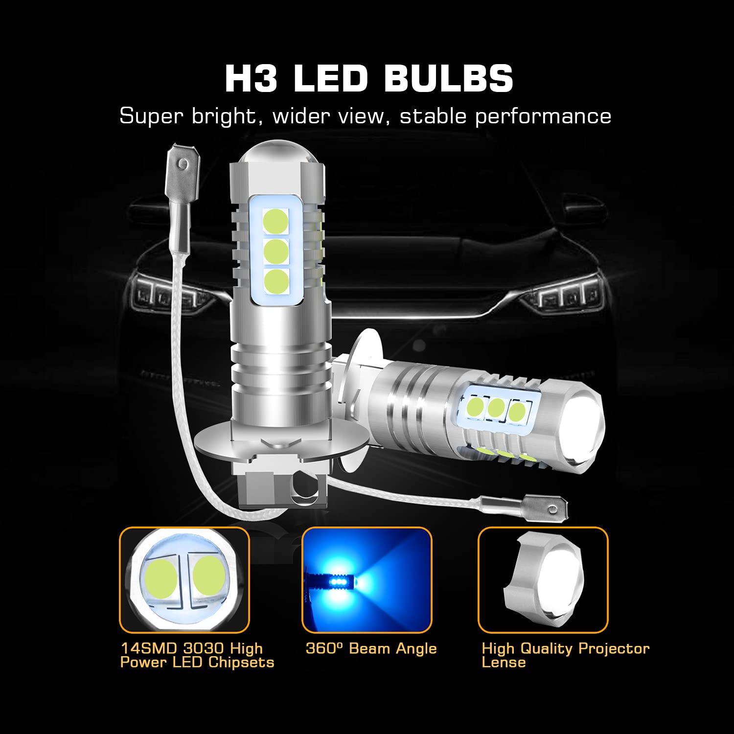 BRISHINE H3 LED Fog Light Bulbs Pack of 2, 3030 Chips, Aluminum, Ice Blue, Model BRI-Fog14SMD3030-H3IB