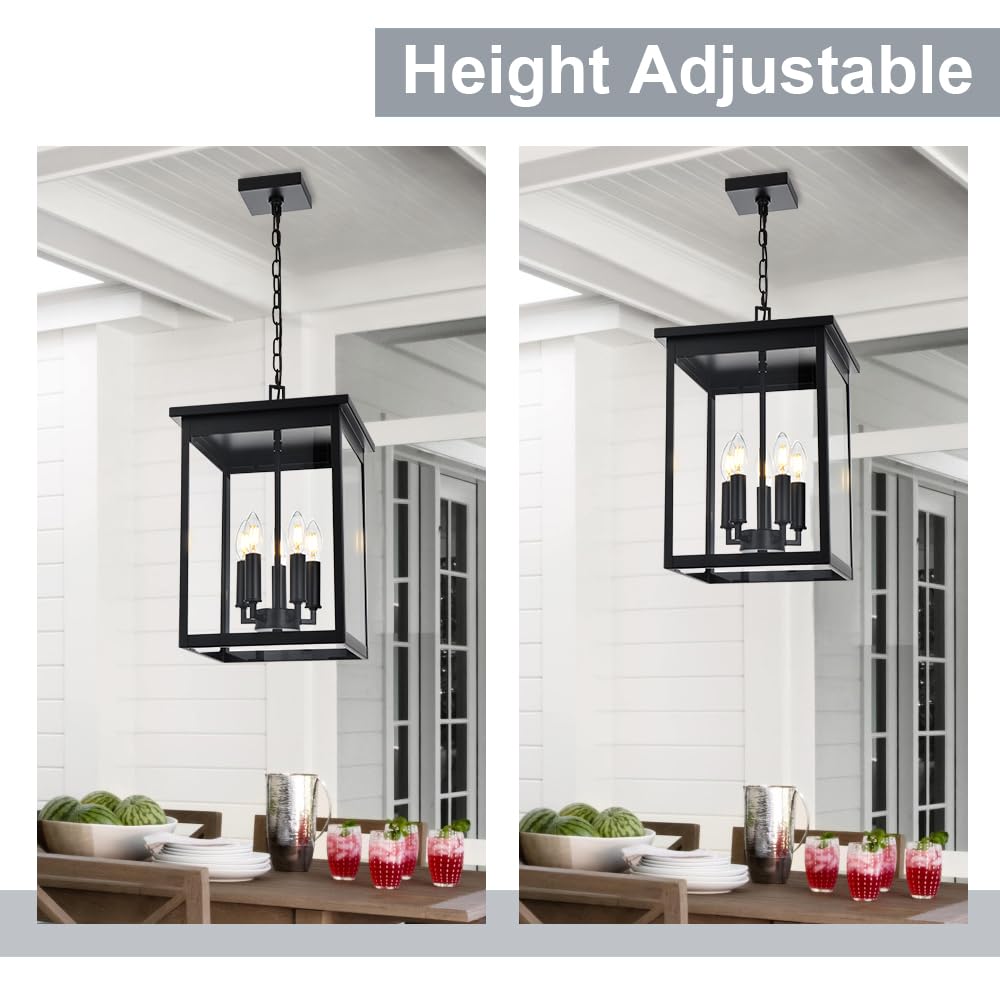 Winshen 5-Lights Large Outdoor Pendant Light Fixtures, Black Exterior Hanging Porch Light With Adjustable Chain & Clear Glass, W