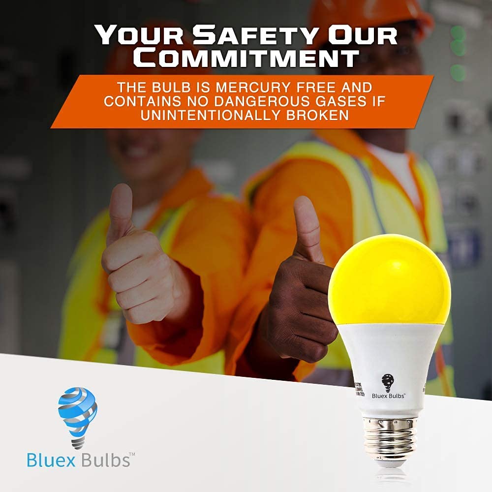 Bluex 4-Pack A19 Amber Yellow Led Bug Light Bulb - No Blue Light, 650 Lumens, 120V E26 Medium Base, 9.5-Watt (60-Watt Replacemen