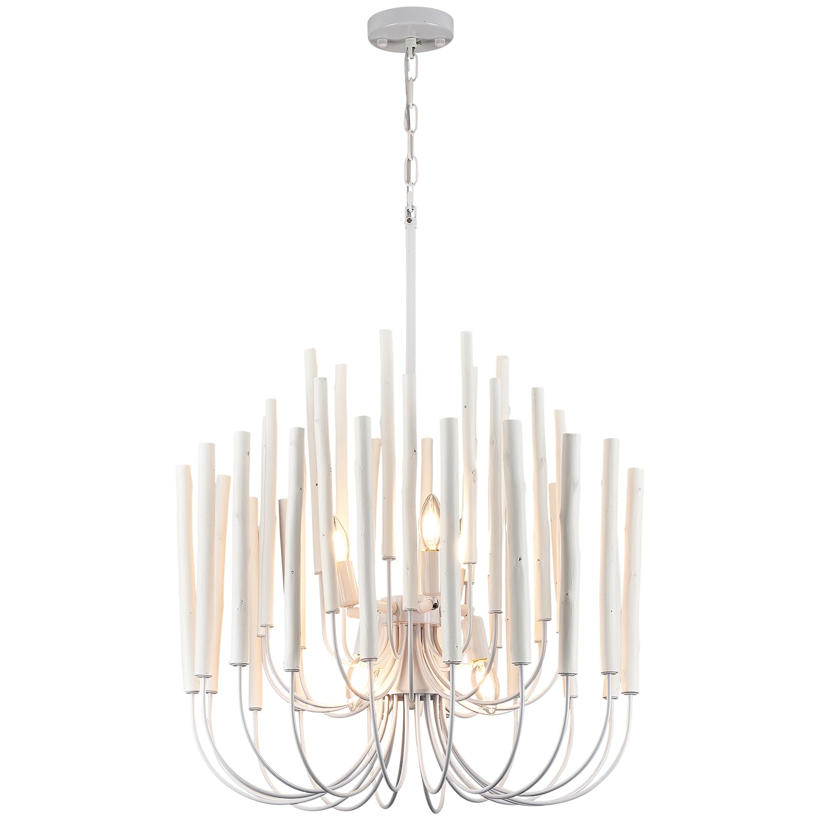 HEYAN Modern Round Chandelier, Whitewash Wood Metal, 24x29 Inch, Chain Mounted, Sculptural Design with Vertical Rods, LED Lighti