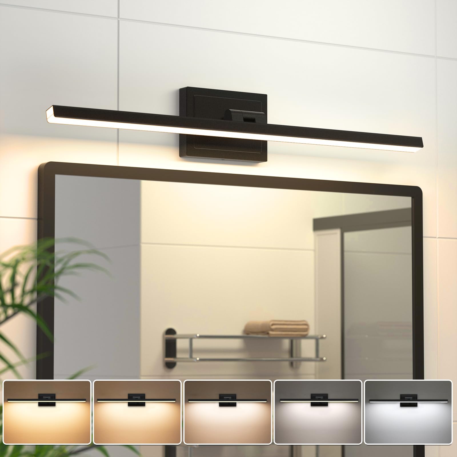 Volisun Modern Bathroom Vanity Light 24 Inch, Rotatable, 14W Dimmable 5Cct Led Bathroom Light Fixture Over Mirror, Black Bar Van