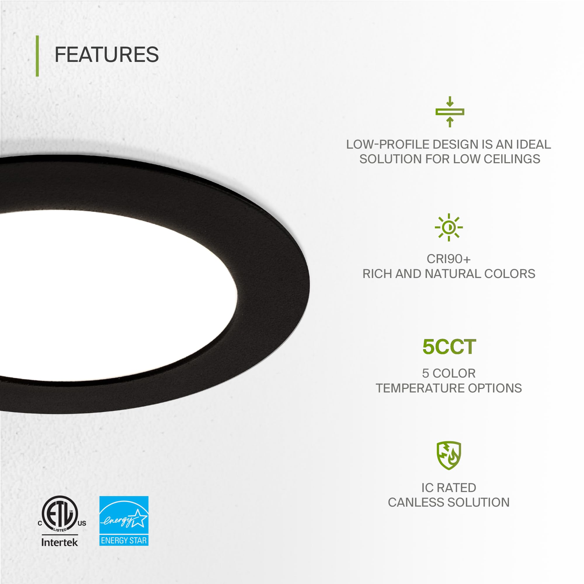 Asd 6 Pack Led Recessed Lighting 4 Inch 9W  5 Cct 2700K-5000K Cri90+  Ic Rated Ultra Thin Dimmable Ceiling Lights With J Box  Canless Wafer Downlight  Round Slim Panel Light  Energy Star Etl  Black