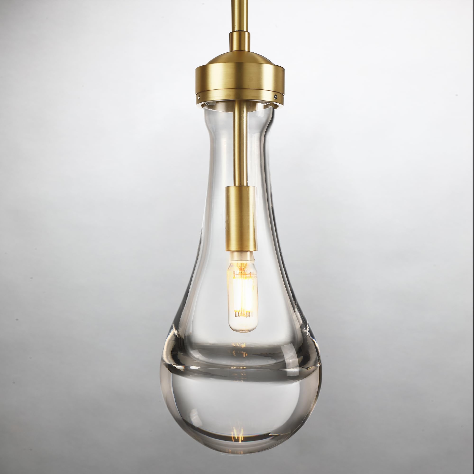 Untrammelife Raindrop Pendant Light, Brass Gold Hand-Blown Clear Solid Glass Hanging Pendant Lights Fixture, Adjustable Metal Ro