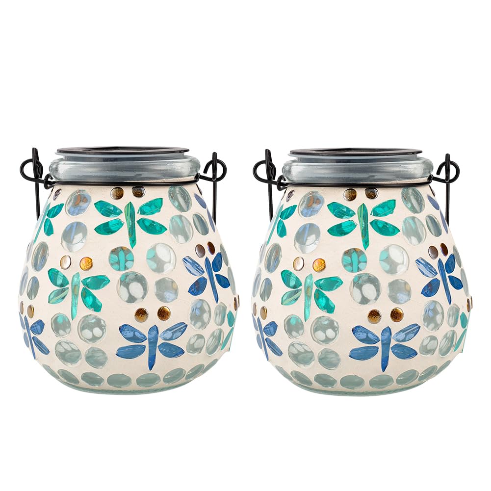 Stargarden 2 Pack Mosaic Solar Lanterns Outdoor Waterproof, Dragonfly Hanging Lantern Decorative Glass Solar Lights for Yard, Pa