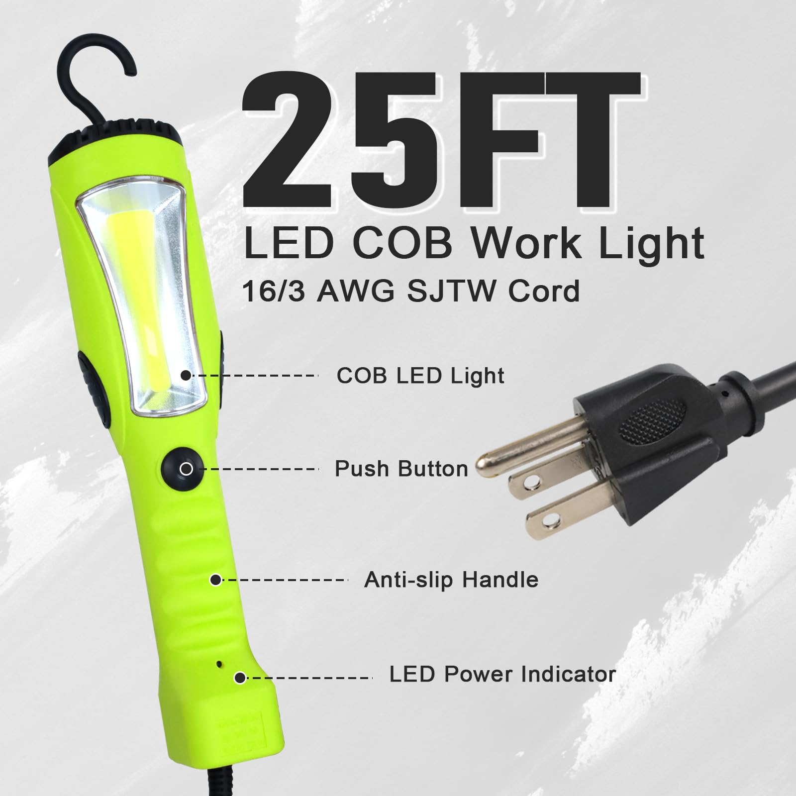 Ep 25 Ft Led Work Light, 1200 Lumen Cob Led Trouble Light - 16 Gauge Sjtw Indoor Outdoor Extension Cord, Handheld, Magnetic Base, Rotatable Hanging Hook - Green