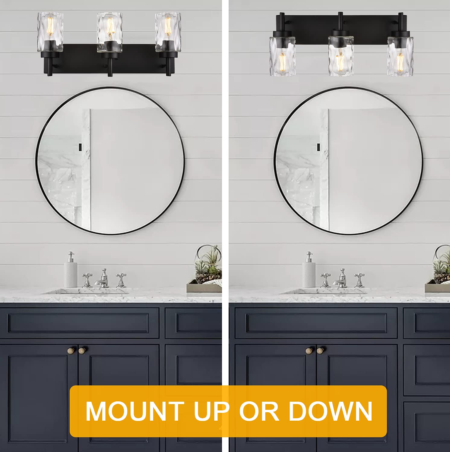 BONLICHT 3-Light Modern Vanity Light Fixture, Black Metal with Hammered Glass Shade, 23.6 inch Wall Sconce for Bathroom and Dressing Table