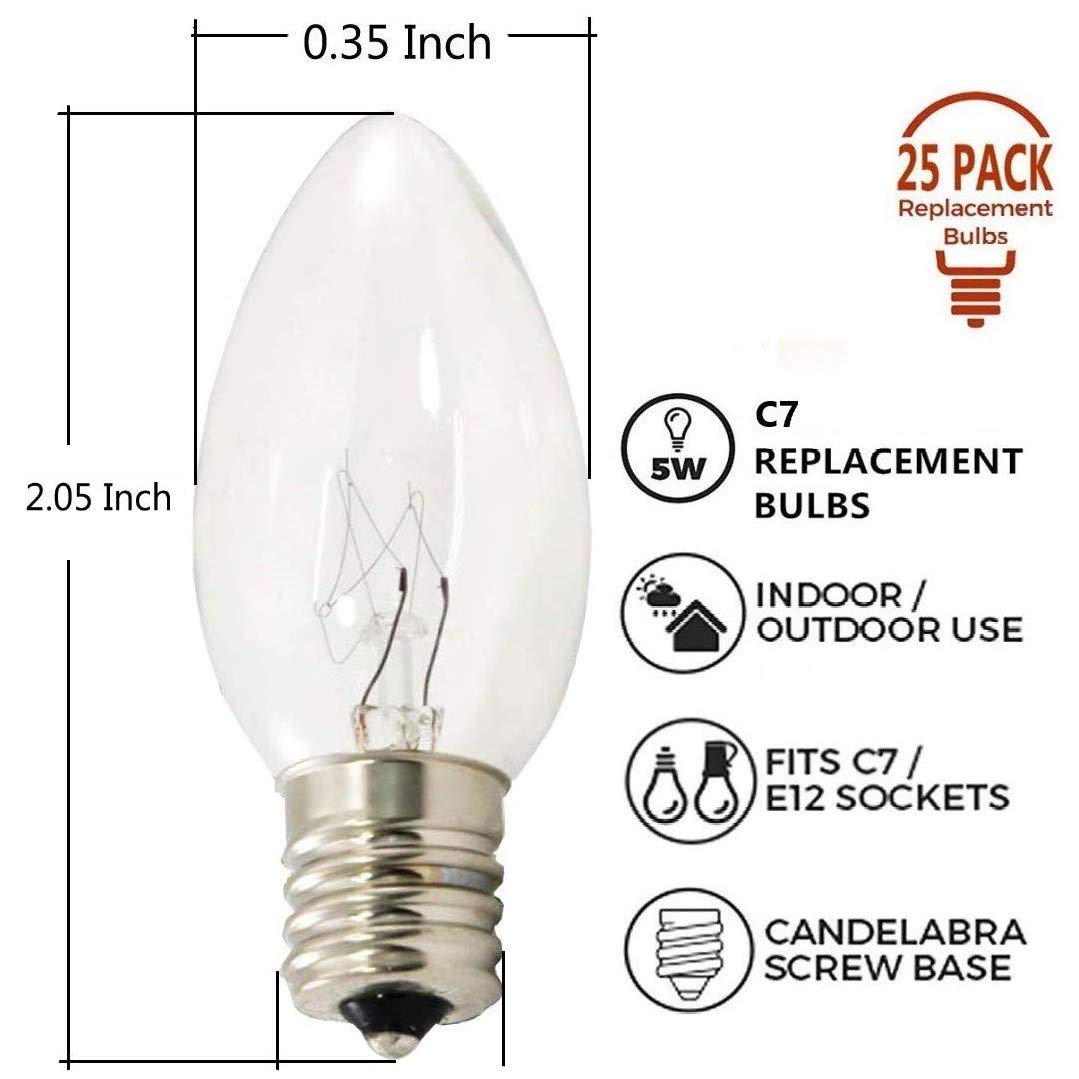 Sunsgne 25 Pack C7 Clear Replacement Bulbs Christmas Light Bulbs, Outdoor Patio String Light Bulbs, C7 Night Light Replacement B