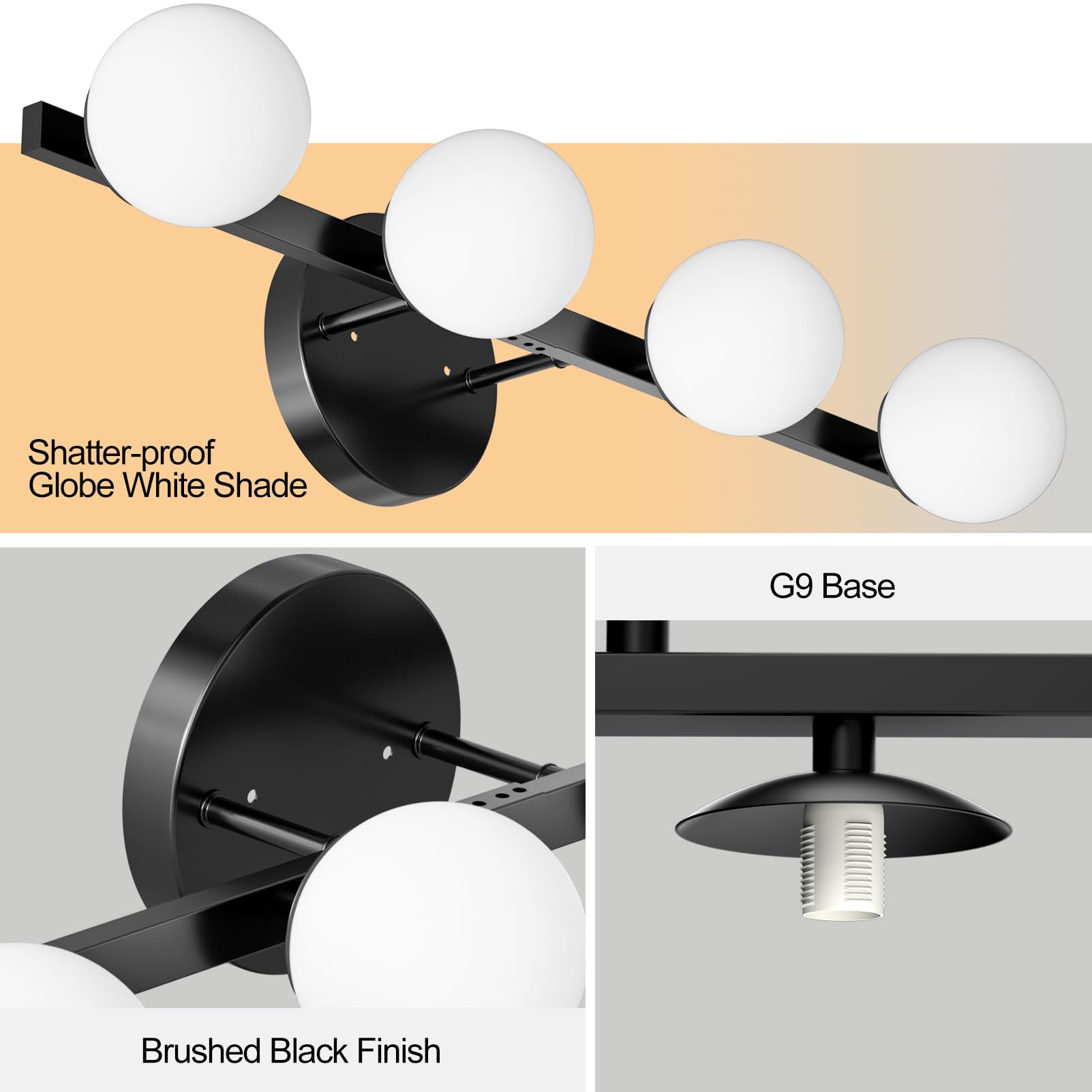 Lightdot 26'' 4-Light Modern Bathroom Vanity Light | Matte Gold Straight Frame With White Globe Water/Shatterproof Shades | Dimm