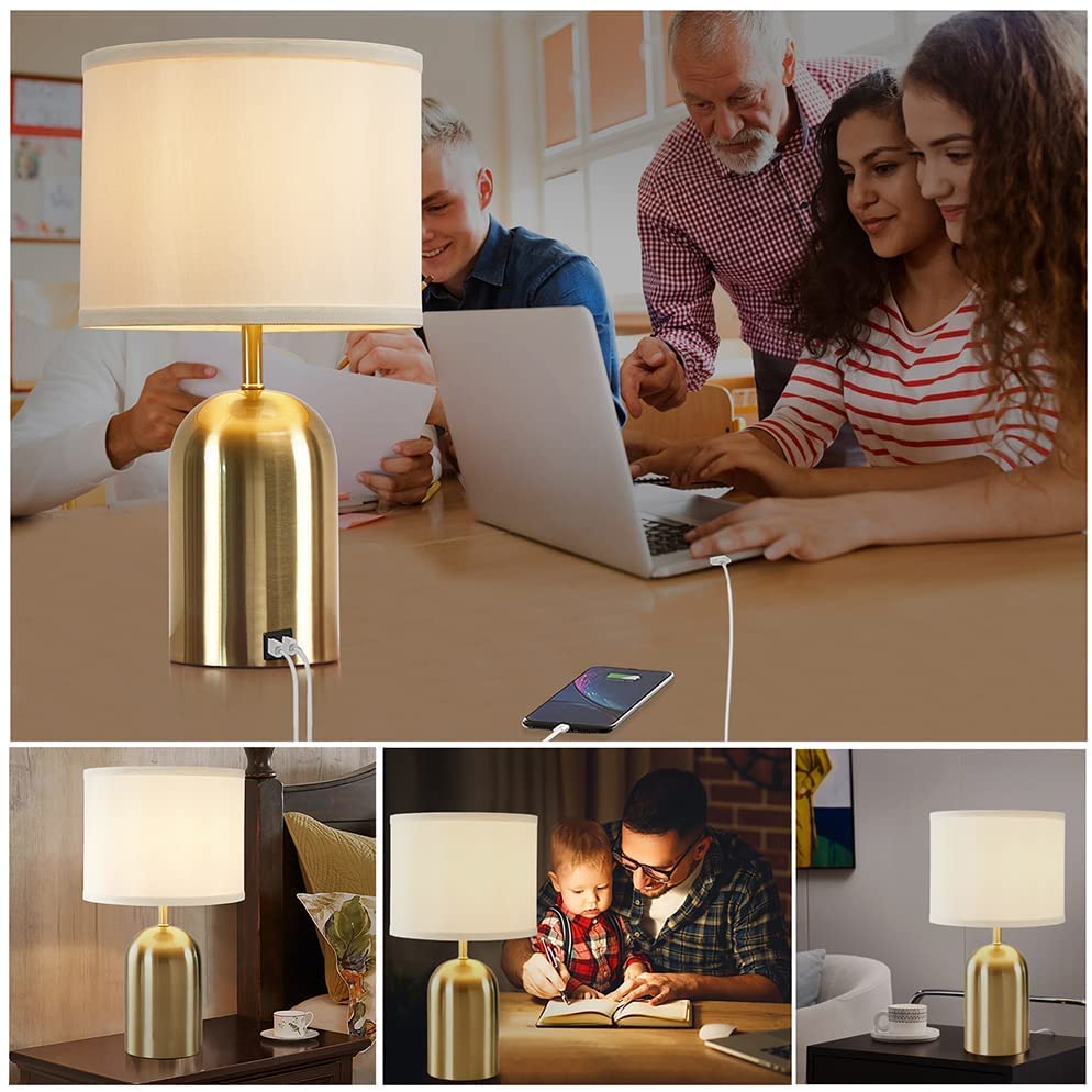 GyroVu Touch Control Table Lamps Set of 2, 3-Way Dimmable, Gold Fabric Lampshade, USB Charging Ports, Includes 2 Bulbs