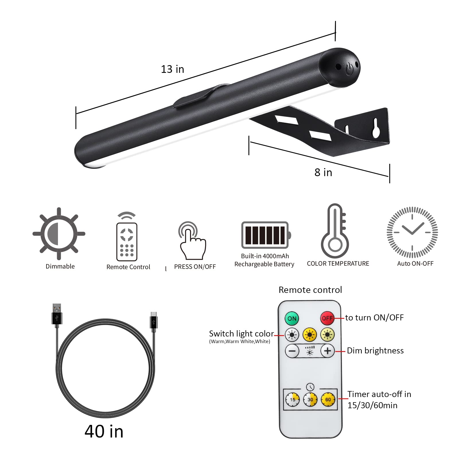 Vigmoj Rechargeable Picture Light Battery Operated, Wireless Painting Light With Remote Control,Metal Art Light Display Lamp,3 M